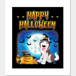Happy Halloween Pumpkin Husky Dog Witch Cute Hat Posters and Art